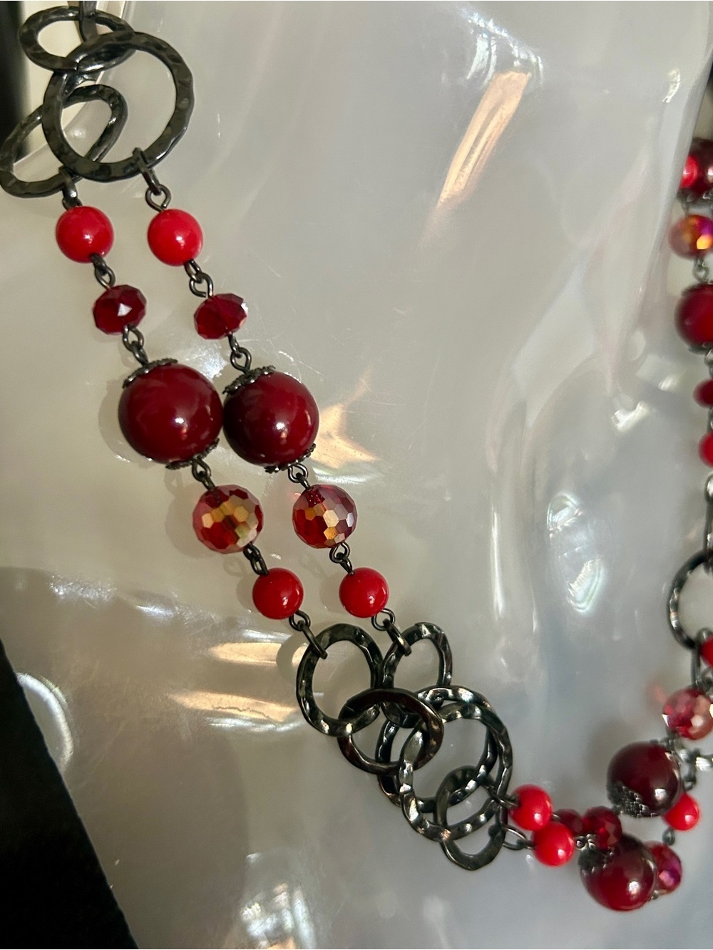 Red Beaded Long Necklace with Textured Rings​ - Picture 3 of 12